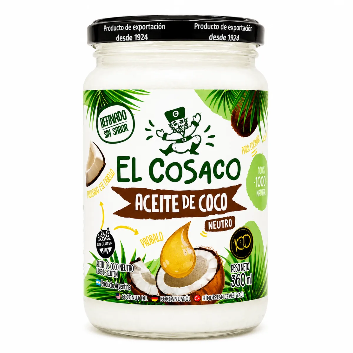 Aceite de Coco Env. Vidrio 360cc "El Cosaco" Sin TACC